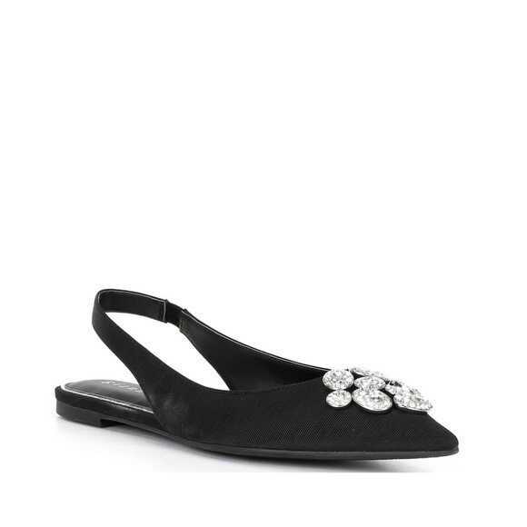 Gianni Bini Vanna Black Satin Pointed Toe Rhinestone Slingback Flats Formal - Picture 1 of 12